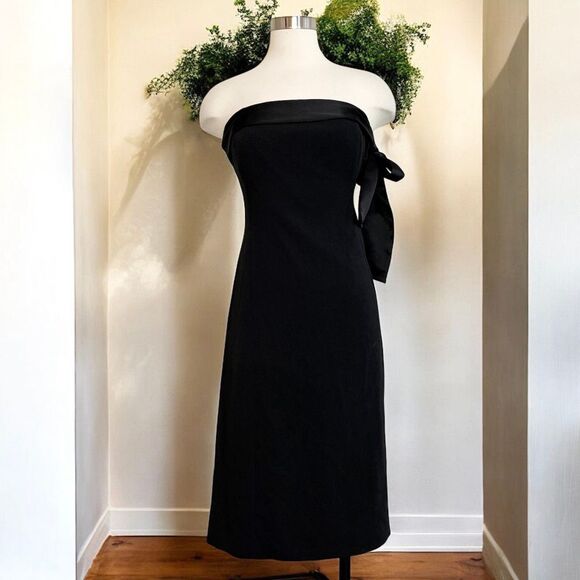 Club Monaco Strapless Black Midi Knee Length Dress Bodycon Pencil Satin Bow 90s - Picture 1 of 7